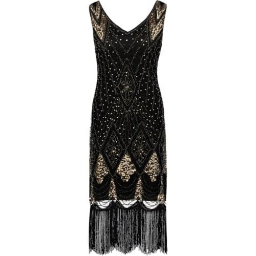 Women 1920s Gatsby Charleston Inspired Sequin Fringe Flapper Dress Beaded Art Deco Dress V-Neck Sleeveless Long Party Costume