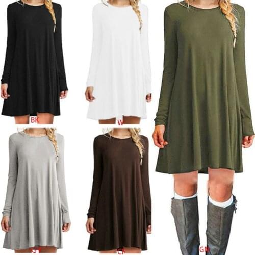 Womens Plus Size Long Sleeve Loose Midi Long T-Shirt Dress Solid Color Casual Pleated Swing Round Neck Pullover Streetwear S-2XL