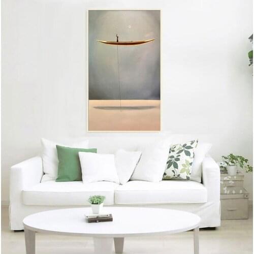 Golden Boat Abstract Canvas Painting Minimalist Landscape Artwork Poster Print Nordic Wall Art Picture Living Room Decor