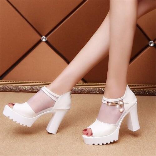 Summer New Women Shoes Gauze Fish Mouth Black All-Match Pearl Fashion Sexy High-Heeled Comfortable Back Zipper Sandals 35-39