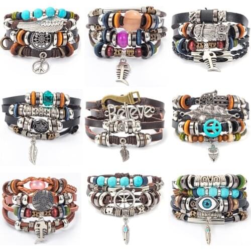 Eif Dock Owl Evil Eye Feather Leather Bracelets Handmade Jewelry Bohemian Style Beaded Multi-layer Wrap Bracelet Women Gifts