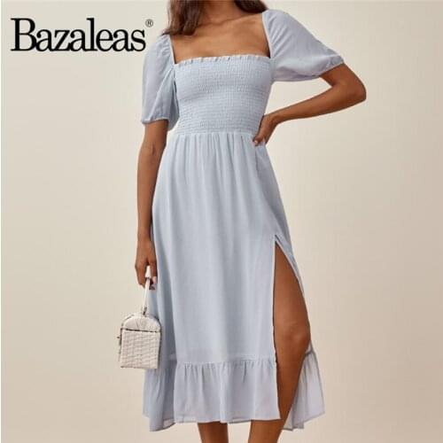 Bazaleas Elegant Chiffon Blue Ruffles Split Dresses Chic Short Sleeve Women Midi Dress Retro Elastic Vestidos