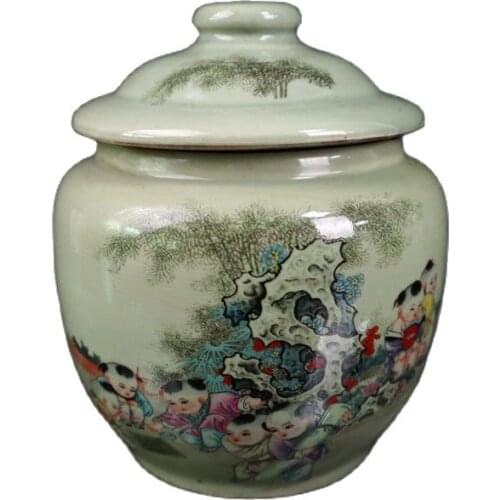 China Old Porcelain Pink Baby Play Pattern Covered Pot