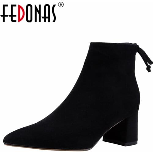 FEDONAS 2021 New Office Lady Basic Women Ankle Boots Pointed Toe High Heels Mature Concise Cow Suede Leather Zip Shoes Woman