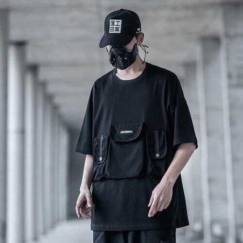 Tactical Hip Hop Black Summer T-Shirts Men Multi Pockets Tops Tees Streetwear Functional Harajuku Short Sleeve Shirt Techwear