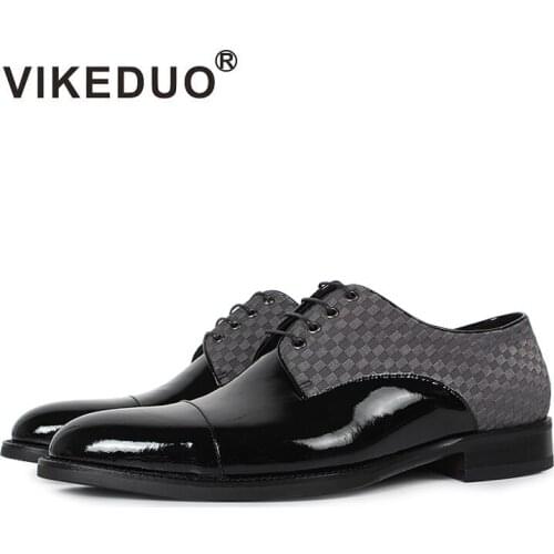 VIKEDUO Flat Shoes Classic Mens Derby Shoes Custom Made 100% Genuine Leather Dress Party Shoes Lace-Up Black Original Design