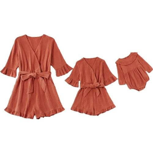 Family Matching Outfits Summer Solid Color Ruffled Lace Up Jumpsuit Baby Girl Clothing Dress For Mother Kids Same Sets Children