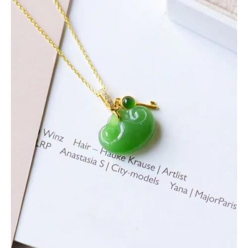 Natural Hotian Jade Pendant Spinach Green Russian Old Materials Female Clavicle Chain S925 Sterling Silver Inlaid Ancient Gold C