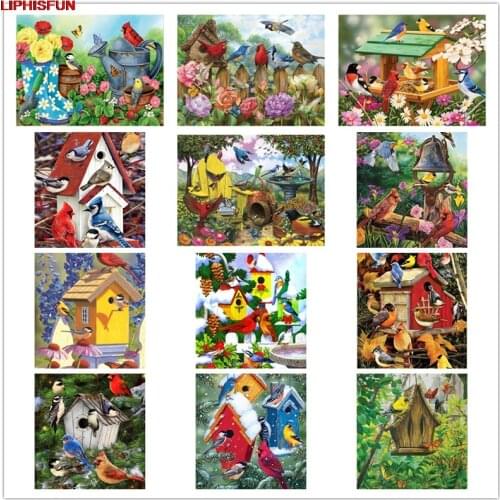LIPHISFUN Handmade Cross Stitch Embroidery Diamond Painting Full Drill Home Decor Square/round birds scenery house