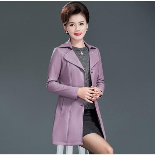 Fashion middle-aged womens autumn and winter long section waist slim large size leather jacket thickening PU leather jacket