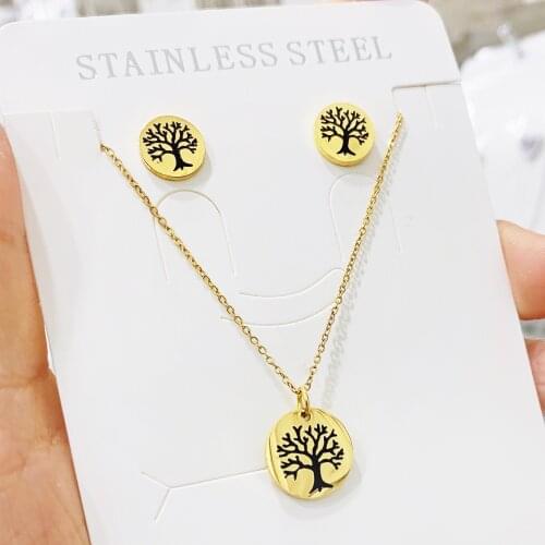 Stainless Steel Set Necklace Earrings For Women Man Choker Tree Of Life Pendant Necklace Engagement Jewelry