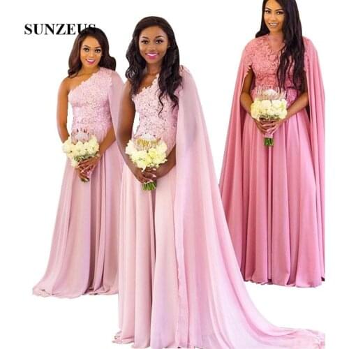 One Shoulder Pink Bridesmaids Dresses With Cape Long Chiffon Wedding Party Dress Appliques Women Formal Gowns A-line