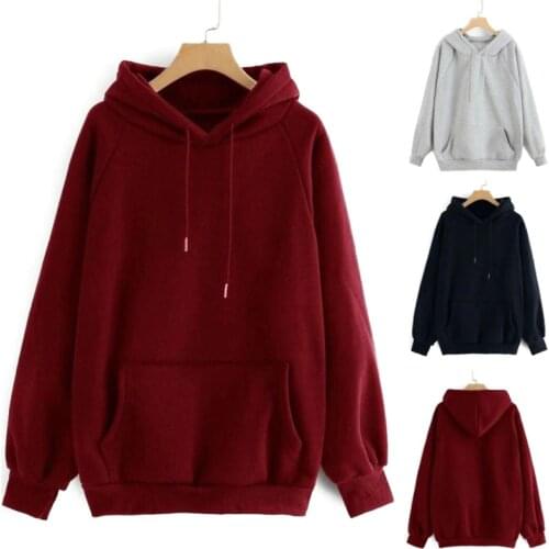 Solid Color Fleece Hoodie Womens Casual Hooded Pocket Long Sleeve Pullover Sweatshirt 2021 plus size Tops