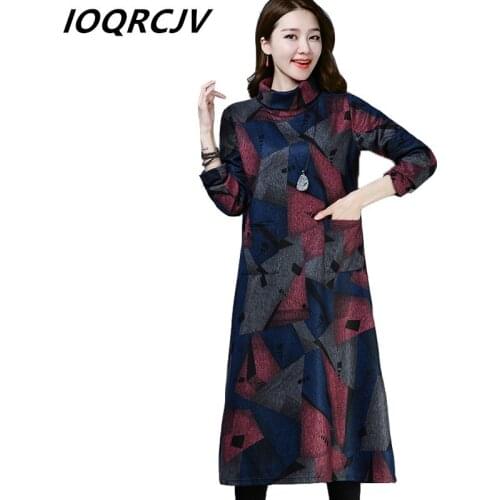 Autumn Winter New Vintage Women Dress Printed Turtleneck Medium Long Warm Woolen Dress Female Elegant Fashion Plus size 2019