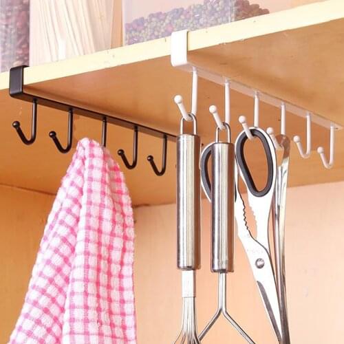 Black/White Iron 6 Hooks Cup Holder Hanging Bathroom Hanger Kitchen Organizer Cabinet Door Shelf Removed Storage Rack Home Decor