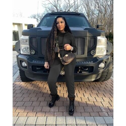 Casual Solid Turtleneck Tracksuit Women Streetwear Stacked Neck Long Sleeve Hooded Top + Sweat Pants Slim Two Piece Set Outfits