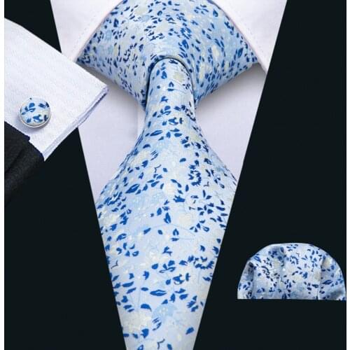 Luxury Mens 100% Silk Tie Set Ties Handkerchief Cufflinks Blue Floral Pocket Square Necktie Wedding Hanky Neck tie FA-5020