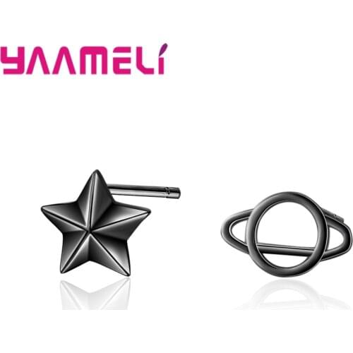Tiny 3D Star Moon Stud Earrings 925 Sterling Silver Black Gun Asymmetry New Metal Women Bijoux Brincos Rock Punk Pierced Jewelry