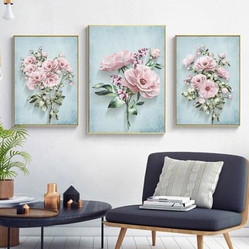 Nordic Vintage Hand Painted Roses Flowers Canvas Painting Green Plant Poster and Print Wall Art Picture Decor for Living Room