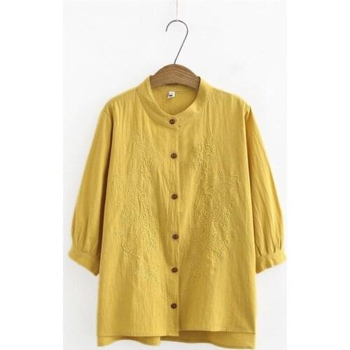 Plus Size Womens XL-4XL White Cotton Blouse 3/4 Sleeve Floral Embroidered Blusas OL Vintage Tops