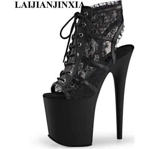 LAIJIANJINXIA Fashion Lace Lace Up High Platform Sandals Stripper Heels Open Toe Pole Dance Shoes Women Sexy Fetish Party Boots