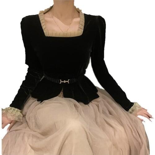 Vinatge French style square collar velvet top coat+mesh skirt two piece sets women