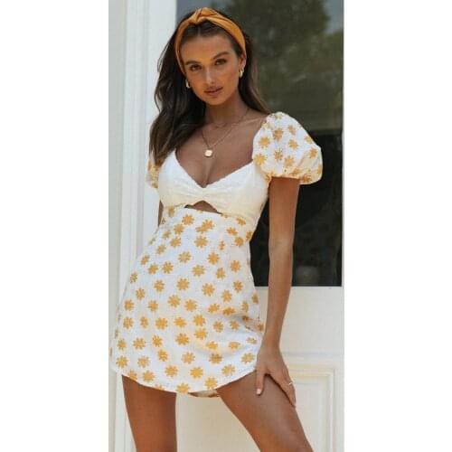 Stylish Women’s Puff Sleeve Short Dress Summer Vintage Daisy Print V-neck Hollow Dress Ladies Beach Vestidos 2021New