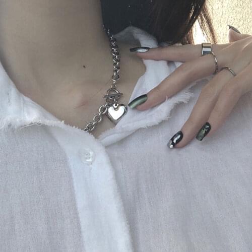 Simple Love Heart Charm Pendant Necklace Fashion Women OT Clasp Chain Necklaces Thick Chain Toggle Clasp Silver Color Necklaces