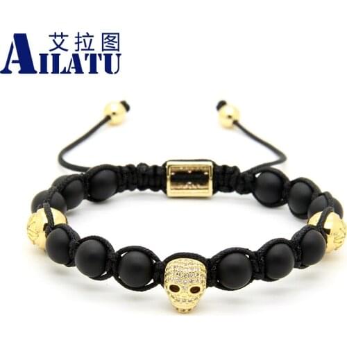 Ailatu 10pcs/lot 8mm Natural Matte Onyx Stone New Heart Skull Clear Cz Beads Braided European American Weaving Mens Bracelets