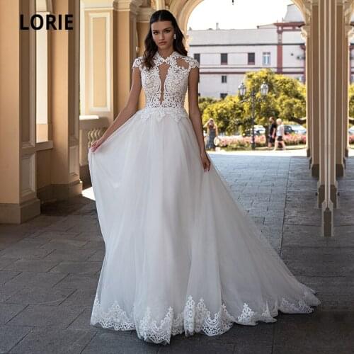 LORIE Arabic Wedding Dresses 2021 O-Neck Appliques Lace Cap Sleeves A-Line Boho Wedding Gown Bride Dress robe de mariée bohème