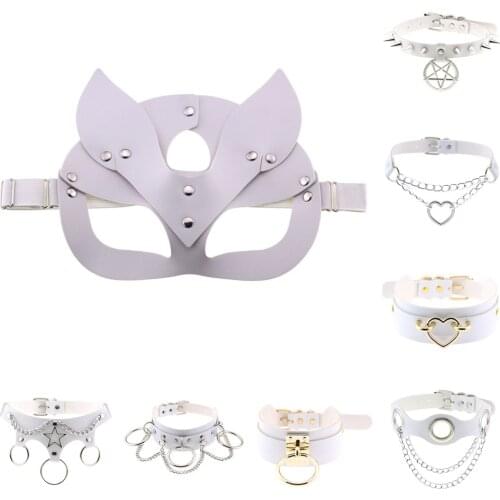 White Sexy Costumes of Leather Erotic Cat Eye Ears Half Face Mask Accessories for Women Collar Fetish Bdsm Bondage Flirt Sex Toy