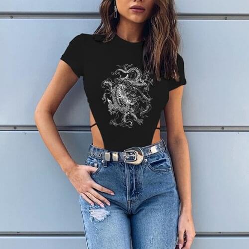 Women black Fashion Sexy Women dragon Letter Sleeved Bodysuits Casual Skinny Bodysuits O-neck One Piece Body Bodysuits Tops