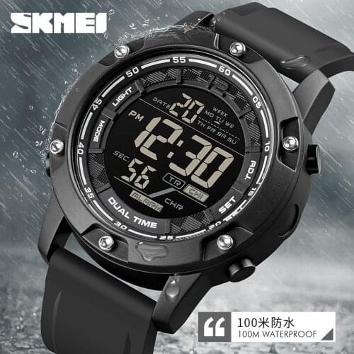SKMEI Sport Digital Army Watches Mens Watch Silicone Strap Stopwatch LED Electronic Wristwatch Strong Waterproof 100M Male Black