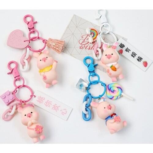 DIY Cute Piggy Keychain Cartoon Female Couple Lovers Gift Bag Ornament Car Resin Key Chain Child Toy INS Kawaii