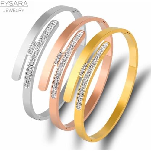 FYSARA Stainless Steel Strip Flat With Crystals Bangles Bracelets for Women Party Brand Pulseiras Geometry Jewelry New 2020