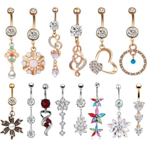 Alisouy beauty Sexy Dangle Belly Button Rings Belly Piercing CZ Crystal Flower Body Jewelry Navel Piercing Rings Drop Shipping