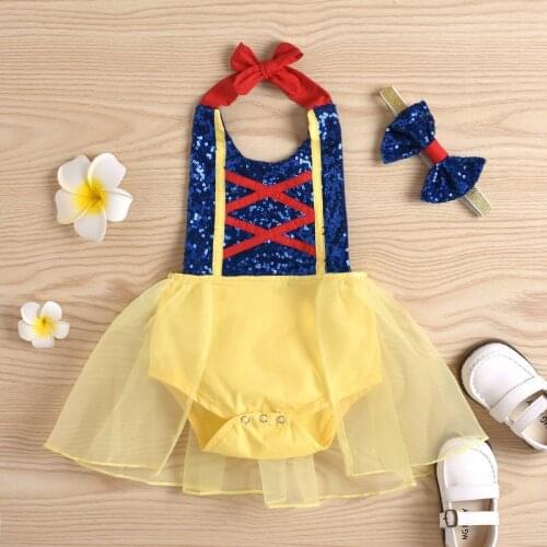 Princess Party Newborn Baby Girls Romper Dresses Sleeveless Backless Lace-up Patchwork Jumpsuit Dress+Bow-knot Headband Clothes