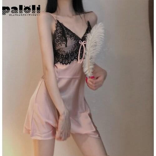 4 Colors Ice Silk Suspender Splicing Lace Night Dress Sexy Sling Nightie Perspective Temptation Sleepwear Womens Home Clothes