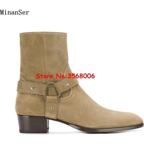 Brown Gray Black Men Outdoor Fashion Rome Designed Ankle Boots Suede Short Man Chelsea Boots Buckle Strap Zipper Flats Shoes