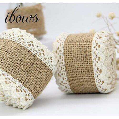 IBOWS 6cm 2m/roll Natural Jute Burlap Hessian Ribbon with Cotton Lace DIY Trim Fabric For Sewing Home DIY Decoration Accessories
