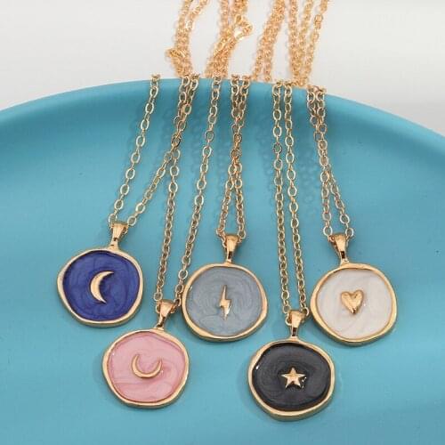 Cute Enamel Star Moon Lightning Pendant Necklace for Women Love Elegant Gold Chains Necklaces Heart Choker Party Fashion Jewelry