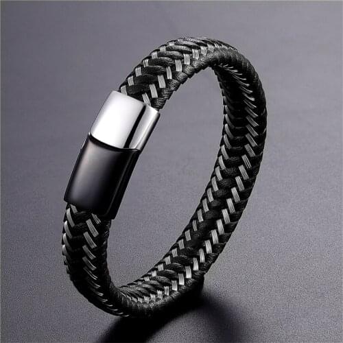New Braided Leather Bracelet Men Stainless Steel Two-tone Magnetic Clasp Fashion Bangles Punk Women Jewelry Pulseira Masculina