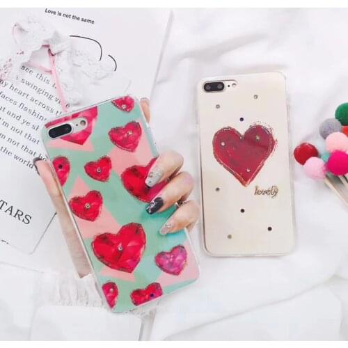 Blue Ray Glitter Jewelled Red Heart Soft Phone Case For iphoneX 8 8plus 7 7plus 6 6s 6plus Love Heart Phone Shell