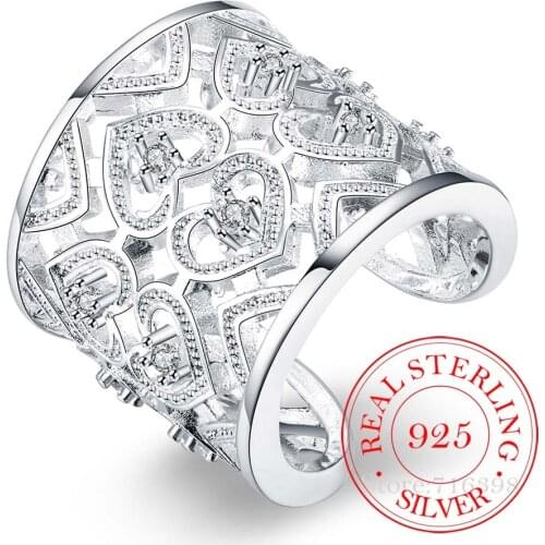 New Popular 925 Sterling Silver Jewelry Fine Big Wide Fresh Fashion Simple Heart-shaped Love Hollow Open Hole Finger Thumb Rings