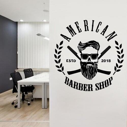 Barber vinyl sticker Personalised Barber Shop Man Salon Haircut Beard Face Tools Logo Salon wall decal murals 2172
