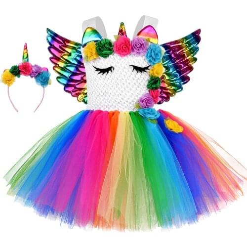 Rainbow Flowers Unicorn Dress for Girls Birthday Party Gift Baby Girl Princess Tutu Dress Kids Halloween Cosplay Unicorn Costume