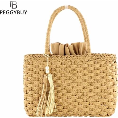 Casual rattan large capacity totes for women wicker woven wooden handbags summer beach straw bag lady big purses travel sac 2021