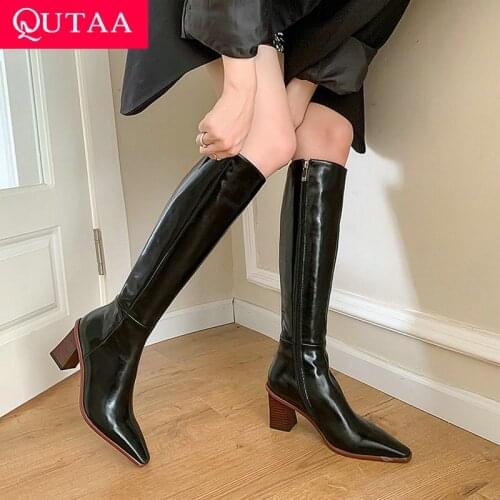 QUTAA 2022 Square High Heel Winter Genuine Leather Pointed Toe Women Shoes Knee High Boots Stretch Zipper Long Boots Size 34-39