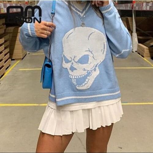 OMCHION Autumn And Winter 2021 New V Neck Skull Pattern Loose Knitted Oversized Sweater Women Casual Loose Pullover Ugly Jumper