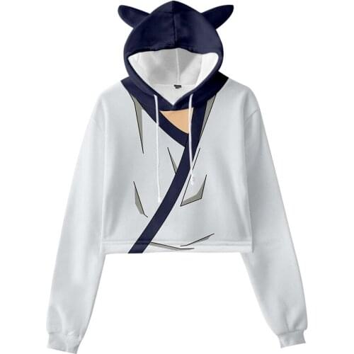 Teenager Girls Crop Tops Japan Anime Jujutsu Kaisen Women Hoodie Sweatshirt Pullover Hooded Fleece Kawaii Cat Ears Short Tops